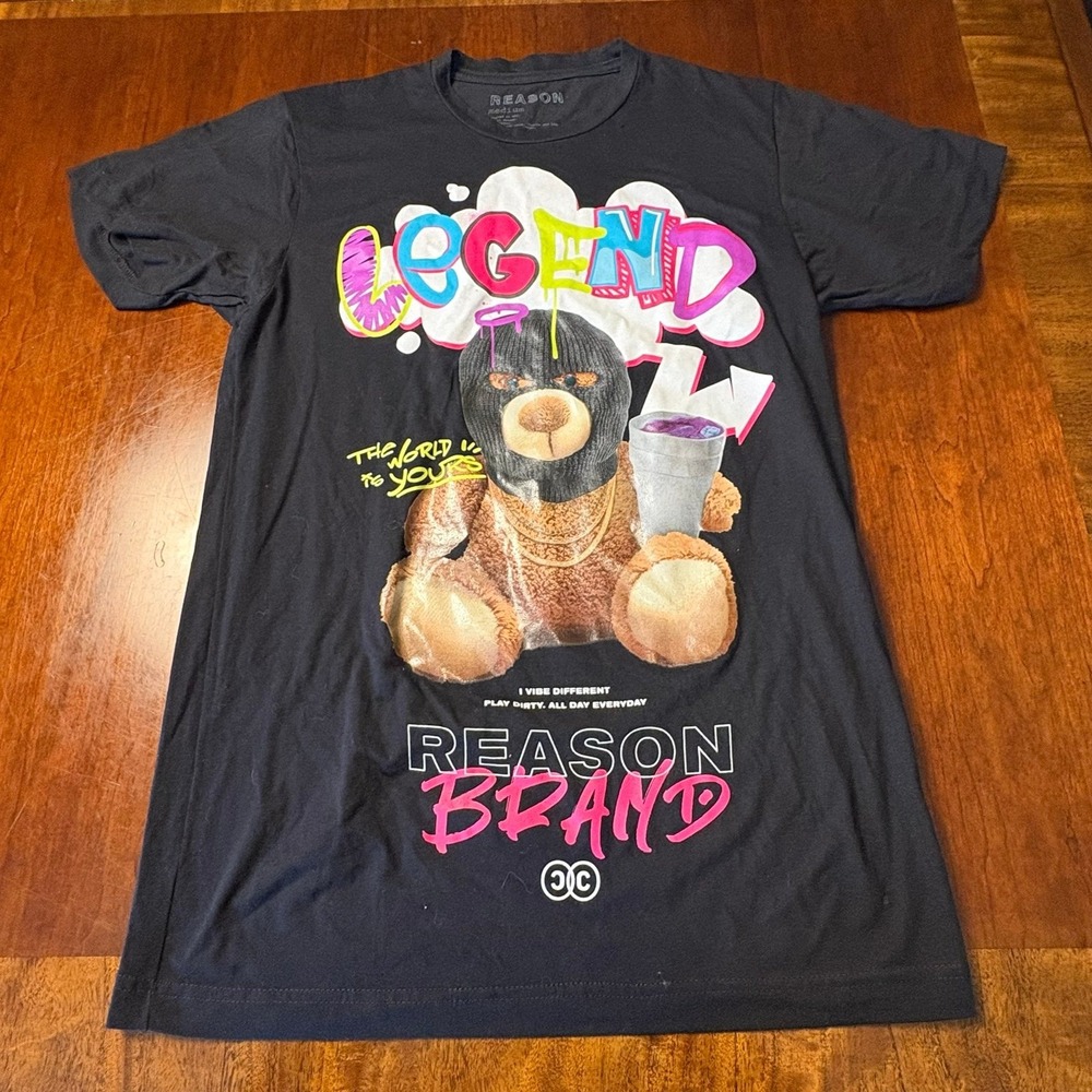 Reason Clothing "Legend" Teddy Bear Graphic T-Shirt Black Size Medium